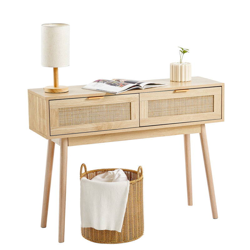 Natural Oak and Rattan Console Table with Storage Drawers