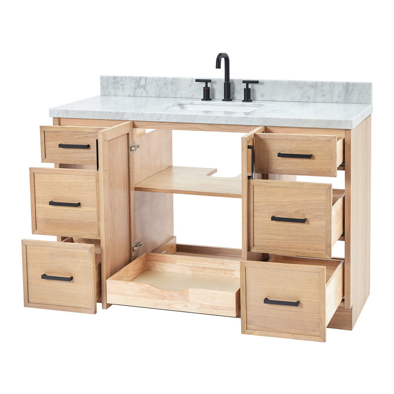 ARIEL Kelly Single Sink Bathroom Vanity with Italian Carrara Marble Top, Oak, 55"
