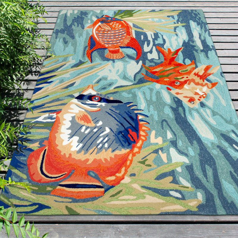 Tapis bleu / orange en polyester touffeté à la main Aleighanna, Rectangle 7 pi 6 po x 9 pi 6 po
