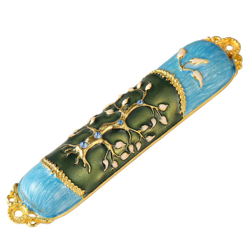 Hand Painted Enamel Mezuzah with Tree of Life and Gold Accents