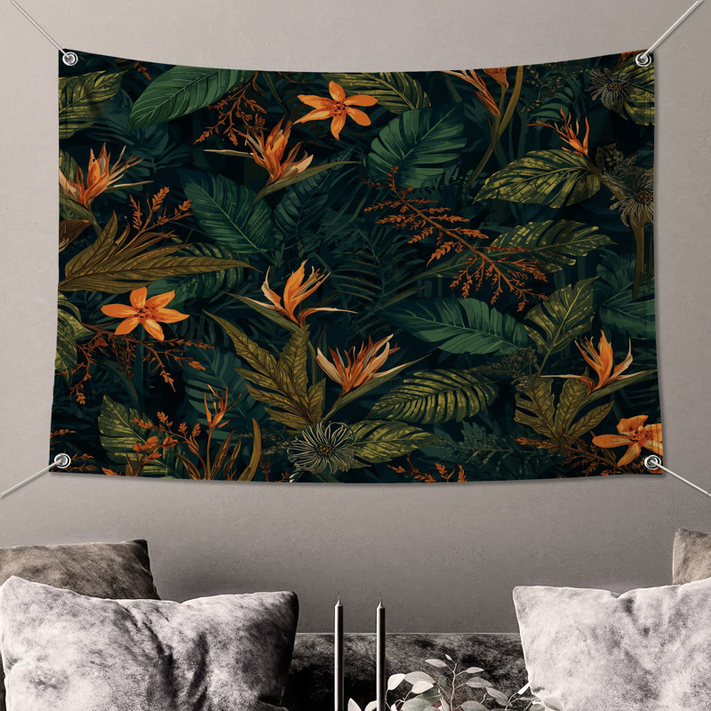 Tropical Foliage Pattern Wall Tapestry - Tropical Wall Decor, 68in H x80in W with 4 Grommets