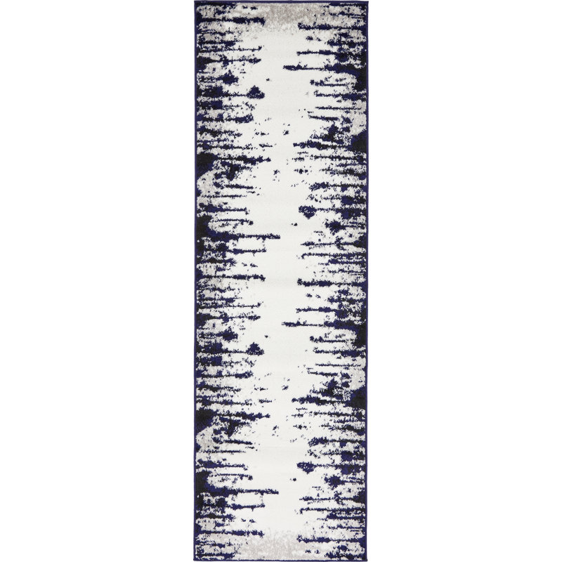 Tapis ivoire / bleu marine touffeté à la main Sidney, Tapis de couloir 2 pi x 6 pi 9 po