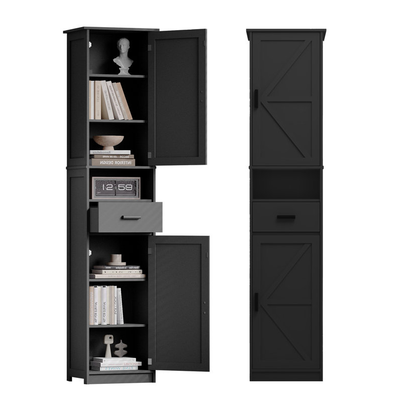 69" H Tall Bathroom Storage Cabinet With 2 Barn Doors And 1 Drawer, Black