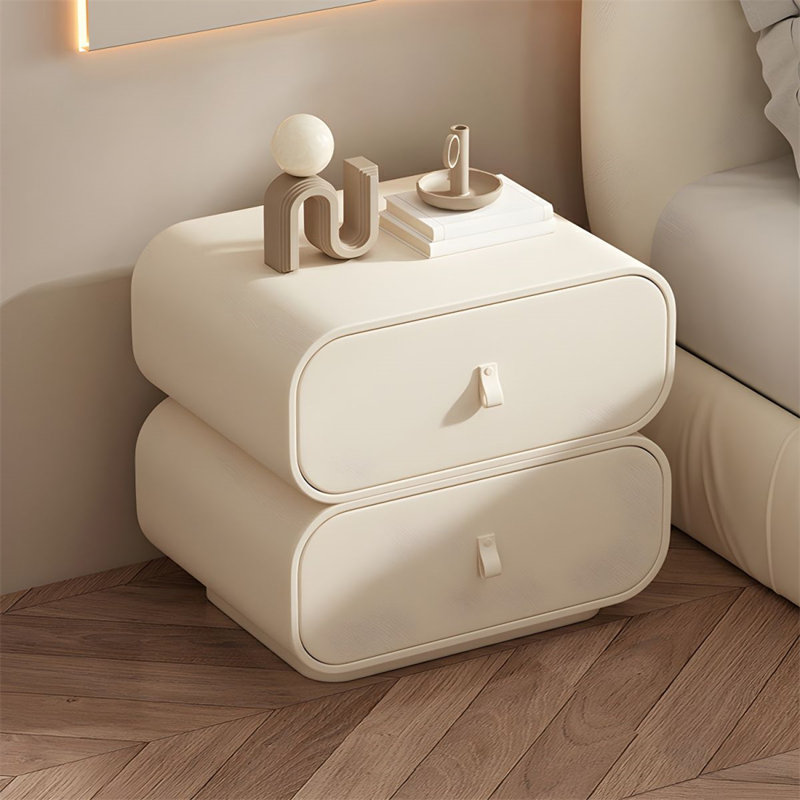 Modern Minimalist Nightstand, Solid Wood Rectangular Bedside Table With Leather Drawer & Rounded Corners, No Assembly Required