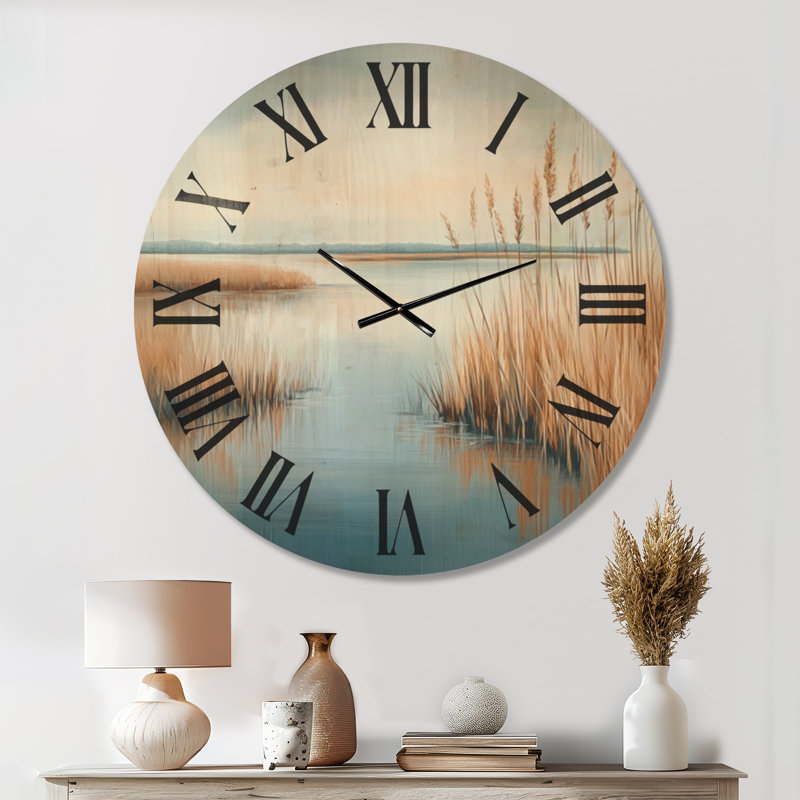 Golden Marsh Reeds II - Horloge murale surdimensionnée de style côtier, imprimée sur bois, Extra Large