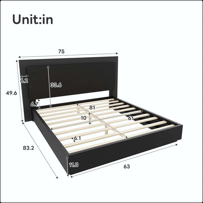 Grand lit plateforme avec tête de lit et lumière DEL, Black