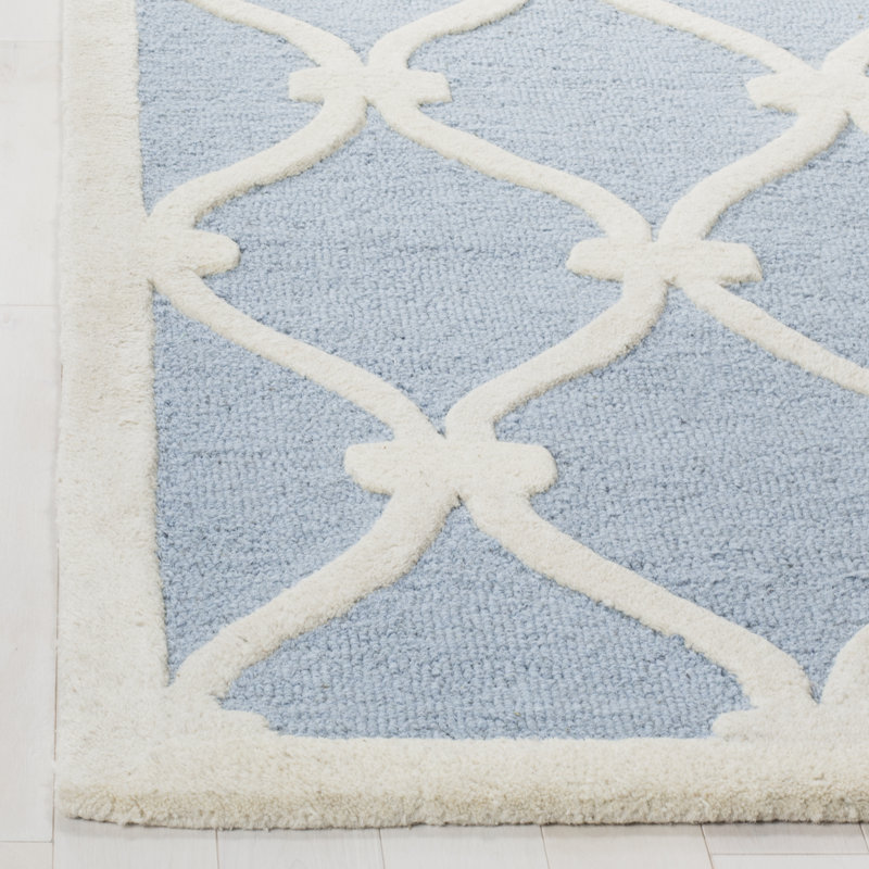 Tapis blanc / bleu en laine à motif géométrique Cannen, Rectangle 9 pi x 12 pi