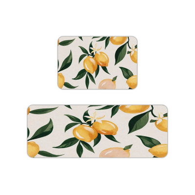 Watercolor Lemon Print Kitchen Mats for Kitchen & Summer Decor, Yellow Green 2 Pack