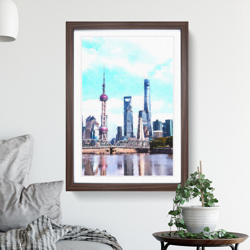 Shanghai Skyline Reflection - Picture Frame Painting Print, 63cm H x 45cm W x 2cm D, Walnut Framed