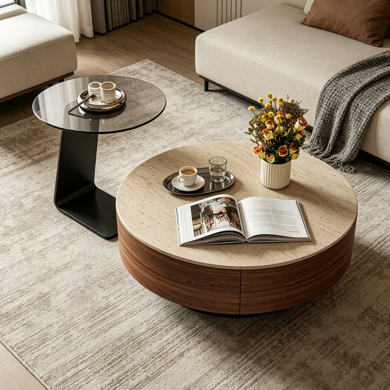 Table basse French French Premium, 13" H x 27.55" W x 27.55 D, Beige/Gray/Brown/Black