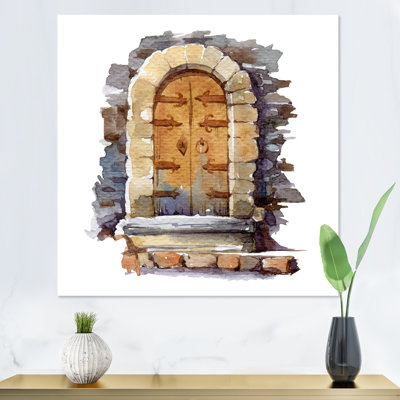 Vintage Entrace en bois avec arche de pierre et marches - reproduction d'art sur toile rétro