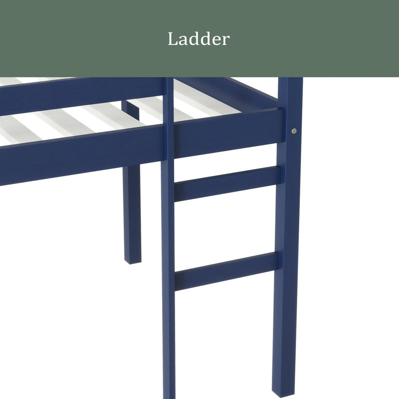 Solid Wooden, Rubber Wooden Twin Loft Bed With Ladder, Bed Platform Of Strengthened Slats, Blue