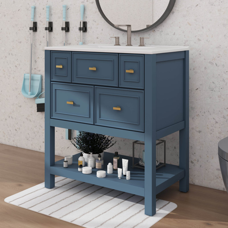 Meuble-lavabo de 30 po avec lavabo et armoire en céramique 5 tiroirs de rangement, Bleu