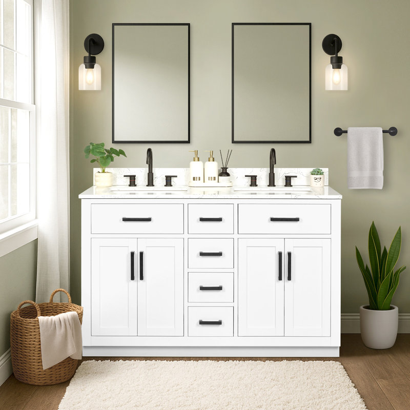 Meuble-lavabo double 54 po avec tiroirs, tablette, prise de courant et plateau en marbre d'ingénierie, Blanc, 54''