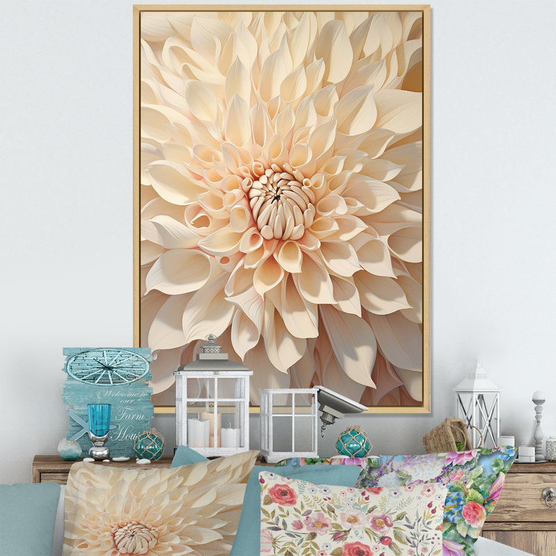 Minimalisme dahlia beige sur toile, Cadre naturel flottant, H 20 po x l 12 po x P 1 po