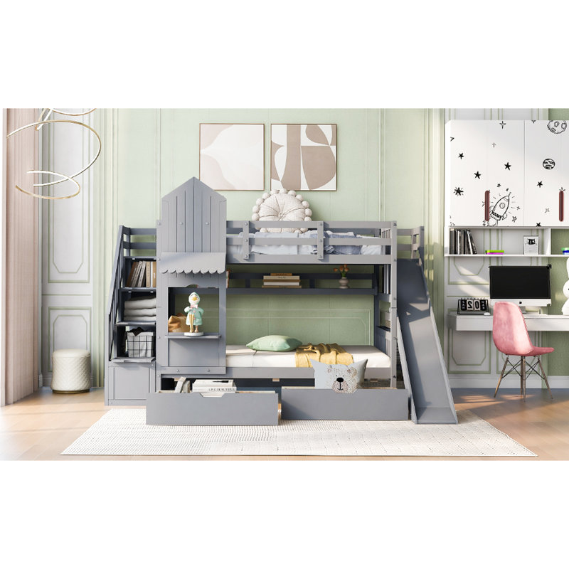 Twintwin Bunk Bed Gray With 2 Drawers, 3 Shelves & Slide. Stable Wood Structure. Ideal For Over 6. No Box Spring Required Slide - Contemporary Style