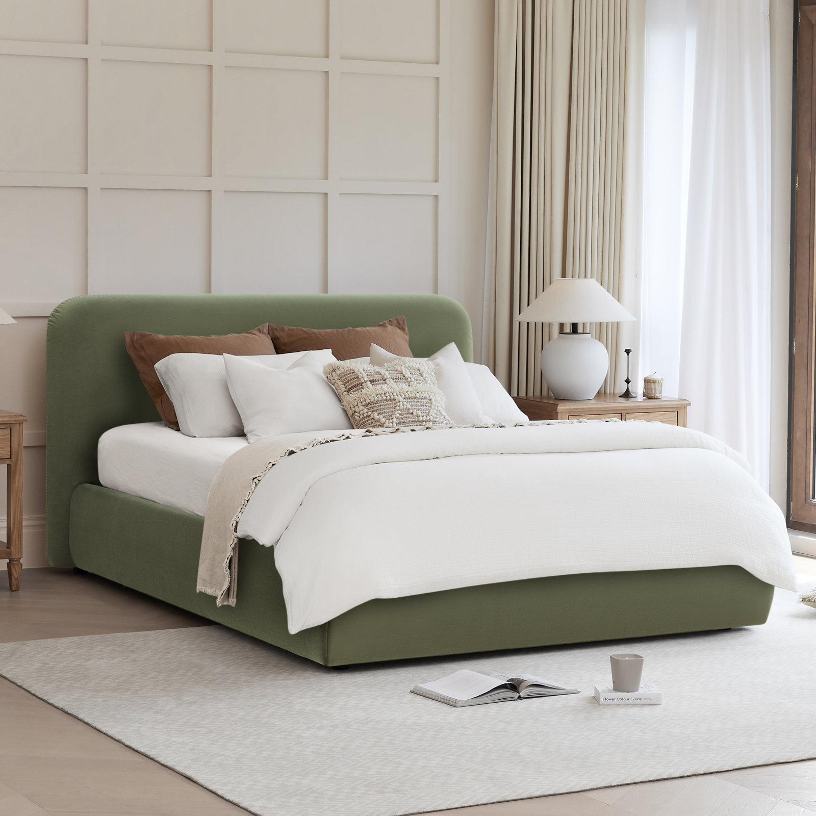 Bella Linen Upholstered Bed, Queen, Soren Olivine Performance Velvet