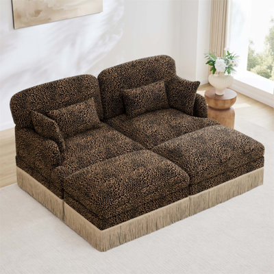 Canapé-lit modulaire 69 po avec 2 repose-pieds en chenille 69 po à imprimé léopard confortable - siège modulaire moderne avec garniture à pampilles, assise profonde, dossier ergonomique, assemblage facile