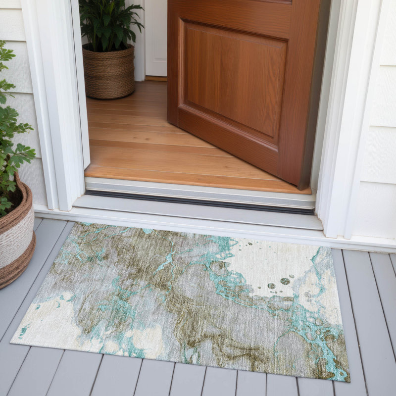 Machine Washable Indoor/Outdoor Xhevrie Teal Rug, Rectangle 1'8" x 2'6"