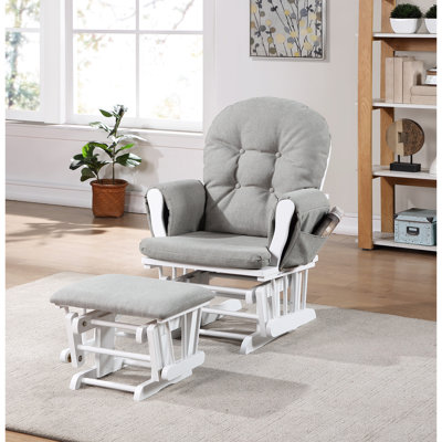 Fauteuil coulissant Mason avec tissu en bois blanc - glissade relaxante pour chambre de bébé, bouton, rangement latéral, dossier arqué traditionnel, conception à accoudoirs flair et espace de détente pour chambre de bébé huître, mouvement de glissement silencieux,