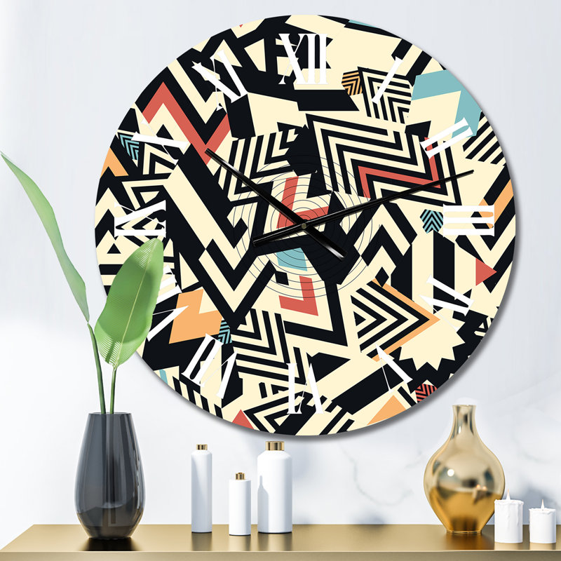 Horloge murale à motif géométrique bleu, orange et rouge Retro II, Petit