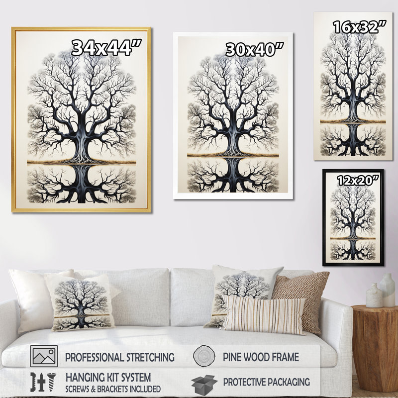 Londrigan " Tree Sublime Symmetry " Watercolor Print, 44" H x 34" W x 1.5" D, Black Floater Framed