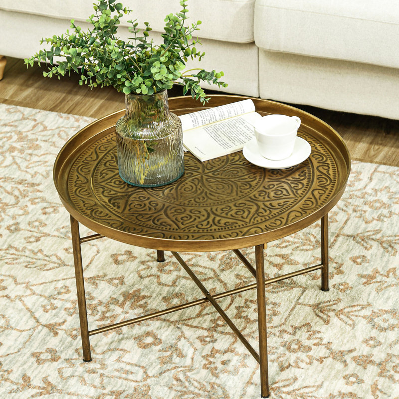 Table basse de 24 po avec plateau en métal martelé, doré, chambre à coucher, salon, côté - Qualité et stabilité