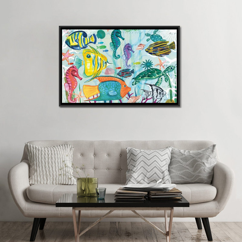 « tropical subaquatique v », impression sur toile, H 18 po x l 26 po x P 1,5 po, Toile avec cadre noir, Pas de tapis