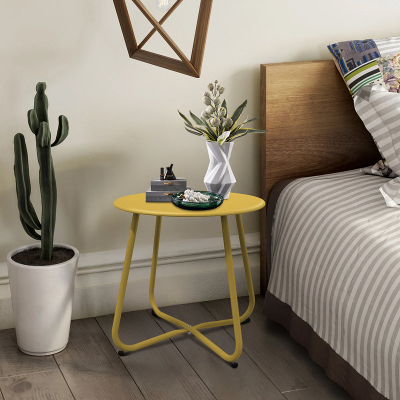 Outdoor Side Table, 18'' Round End Table With Square Feet, Yellow