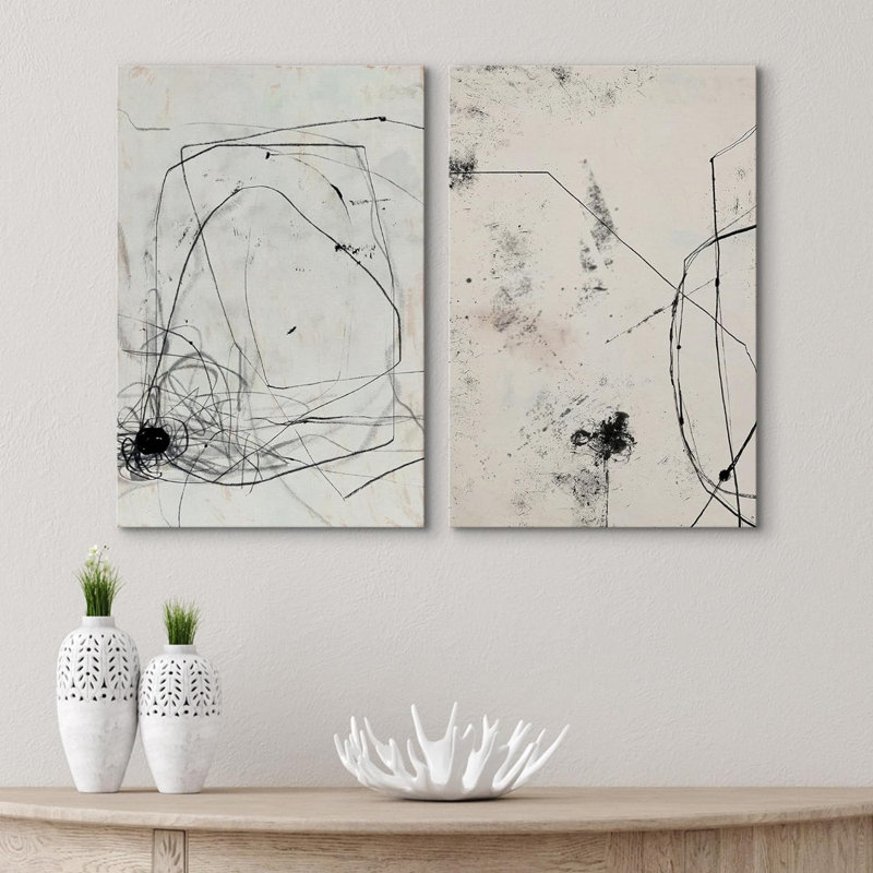 Mid-Century Shape Black Grey Paint Strokes Abstract - ensemble de 2 reproductions, Toile tendue, H 36 po x l 48 po x P 1,5 po