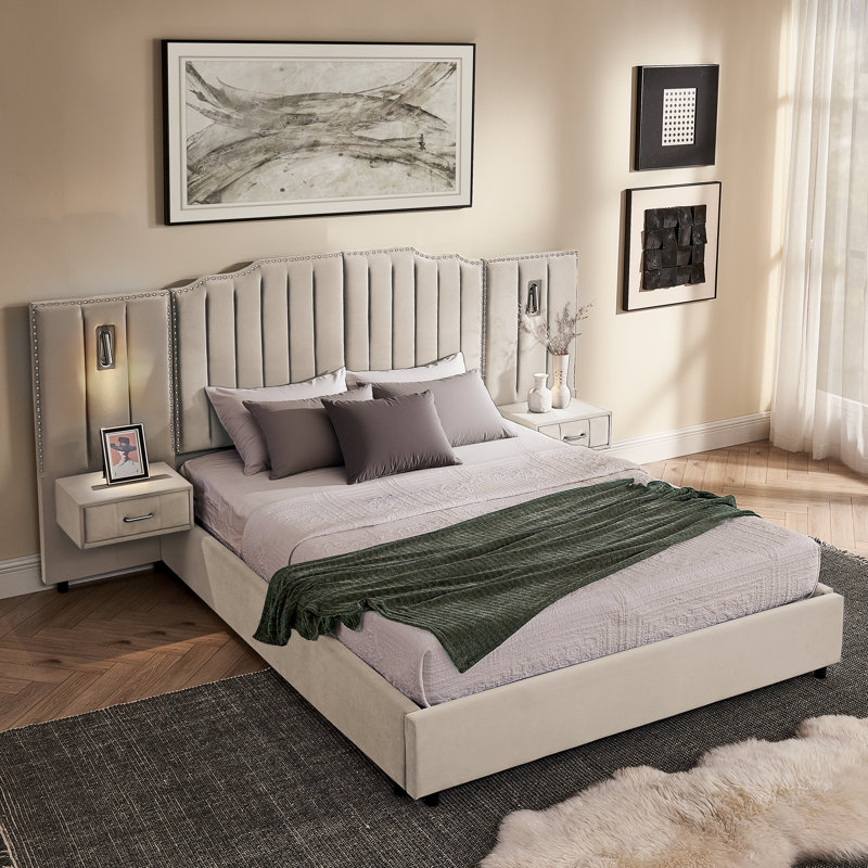 Structure de lit tapissier, lit plateforme avec tête de lit, Beige, Grand lit