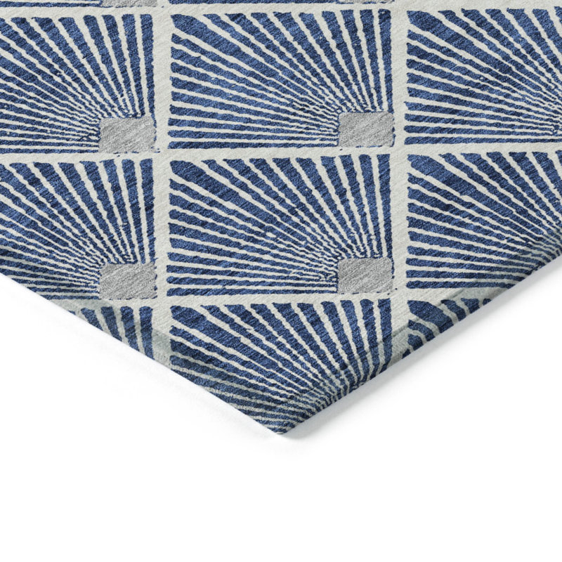 HomeRoots 3' X 5' Navy Blue Gray And Ivory Geometric Washable Indoor Outdoor Area Rug