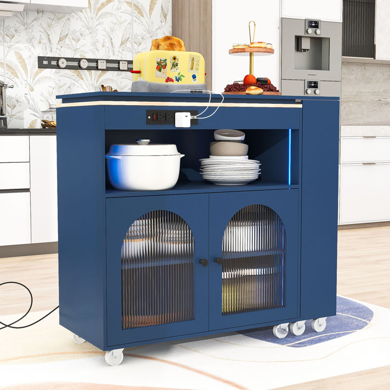 Modern Rolling Kitchen Island Cart with Built-in Charging Station, LED Lighting and Ample Storage, Navy