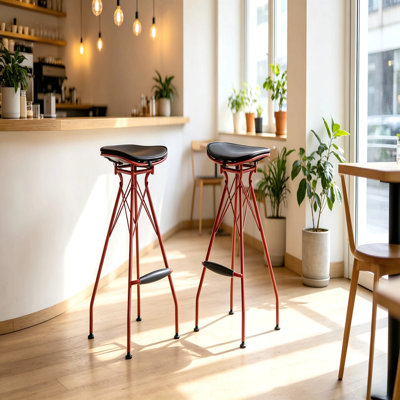 24" Counter Height Bar Stools Set of 2, Industrial Metal Bar Chairs with Faux Leather Seat & Wood Footrest, Farmhouse Kitchen Island Stools