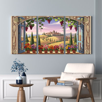 Paysage toscan avec vignoble et pots de fleurs, reproduction d'art sur toile tendue sur toile, ensemble de 3