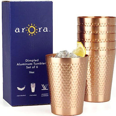 Aluminum Metal Cups for Drinks, Metal Anodized Hammered Copper Color Tumblers Set of 6, Aluminum Drinking Cups for Cocktail Drink, Beer Bar Party Gifts ,16oz