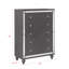 Commode glamour à 5 tiroirs avec placage miroir et boutons en faux cristal, idéale pour le rangement et l'organisation de la chambre à coucher.