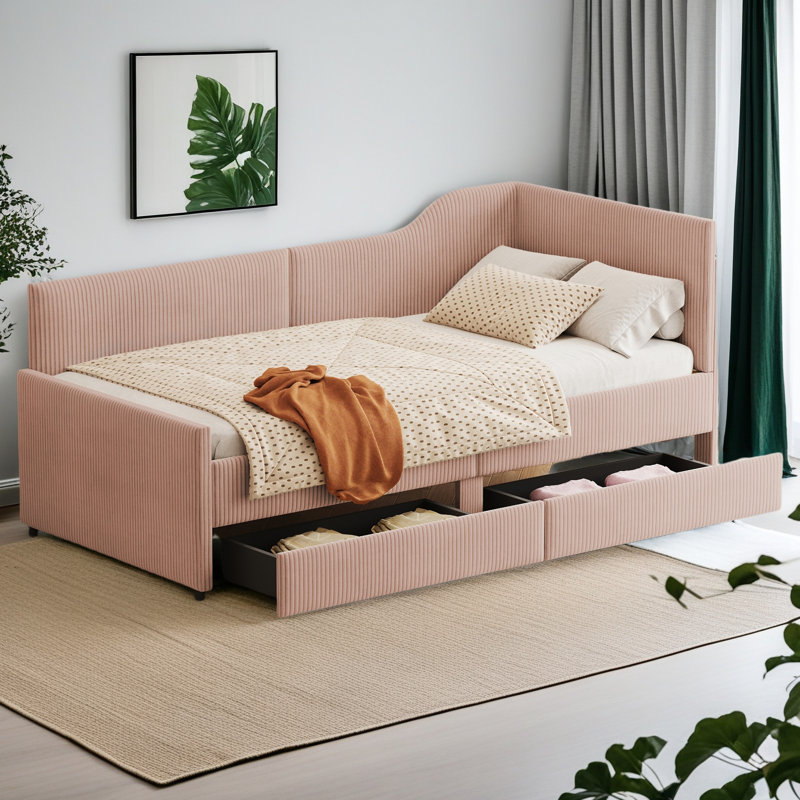 Lit de jour simple en L en velours côtelé, structure de lit tapissier avec 2 tiroirs de rangement, Rose