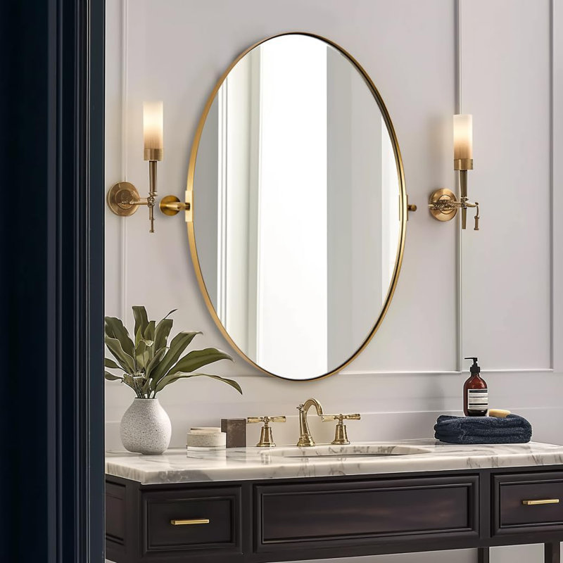  Tilting Oval Bathroom Vanity Wall Mirror | Adjustable Pivot Stainless Steel Frame, Brushed Gold, 30" x 22"