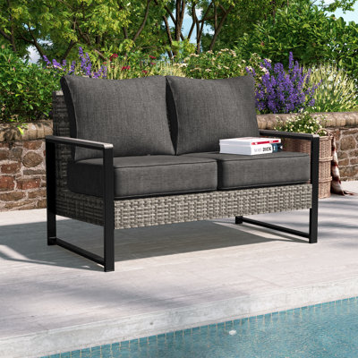 2-Person Patio Bistro Set Loveseat Sofa with Washable Cushions, All-Weather Outdoor Furniture Conversation Set, Small Patio Furniture for Balcony Deck Backyard Garden Pool Lawn Porch