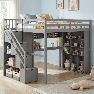 Solid Wood Full Loft Bed Frame with Built-In Wardrobe, Study Desk, Storage Shelves & Lights for Bedroom