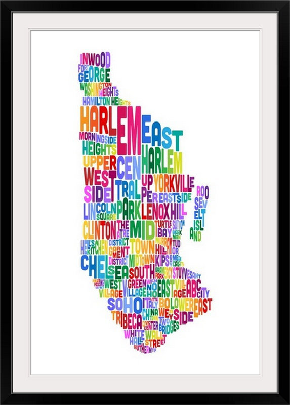 Francy «Manhattan New York Typographie Text Map, White Fond» par Abarca, art textuel, H 38 po x l 28 po x P 1 po, Cadre noir
