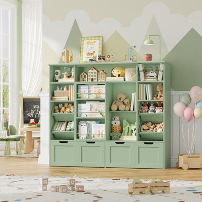 55.1"W Standard Toy Organizer With Sliding Bookshelf, 47.4"H Toy Storage With 4 Removable Drawers and Plastic Bins for Kids Room, Playroom, Kindergart
