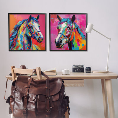 Bright Neon Horse Portrait  2 PC Giclee Art Set by Irena Orlov