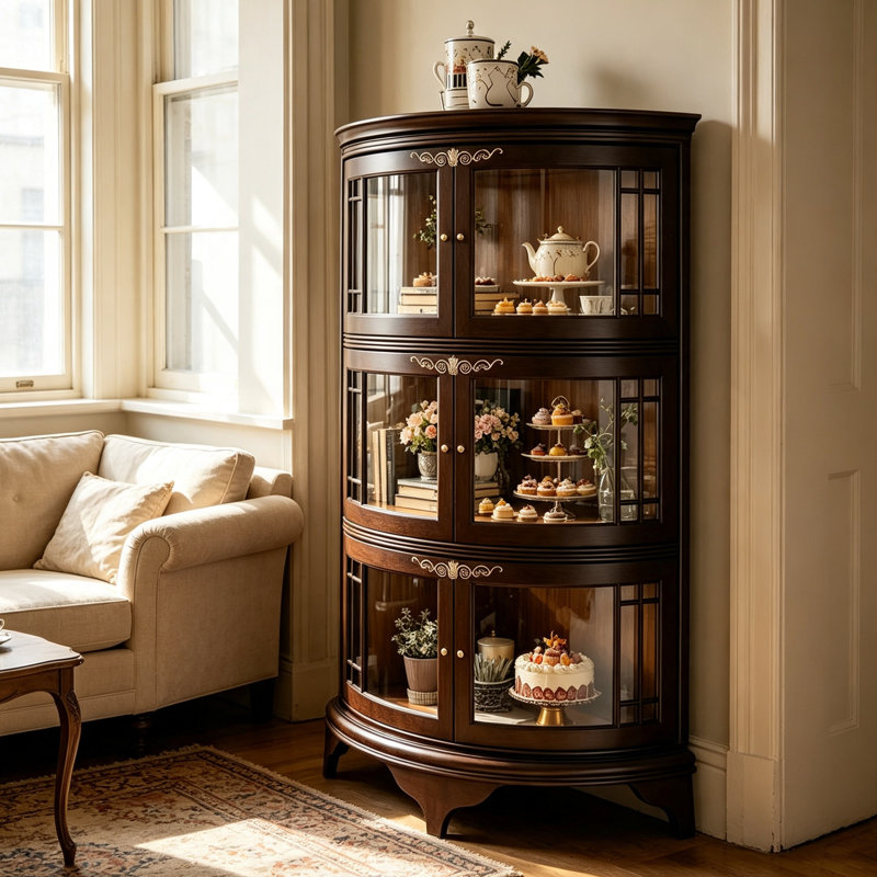 Armoire de coin 19,69 "en bois massif brun courbé avec portes vitrées Rangement multi-niveaux pour le salon