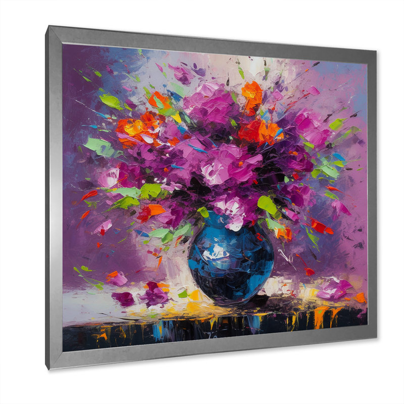 Fleurs mauves vives dans un vase noir - impression, Cadre simple argenté, H 24 po x l 24 po x P 1 po