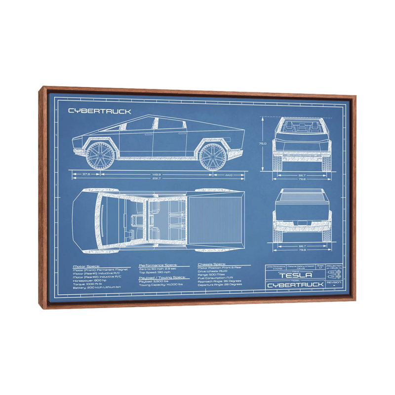 Blueprint de Tesla (2020-2022)-impression de dessin, Toile avec cadre en bois brun classique, Pas de tapis