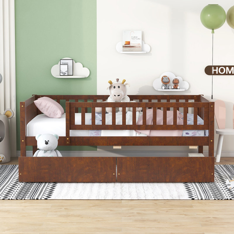 Lit de jour simple en bois avec deux tiroirs, Noyer