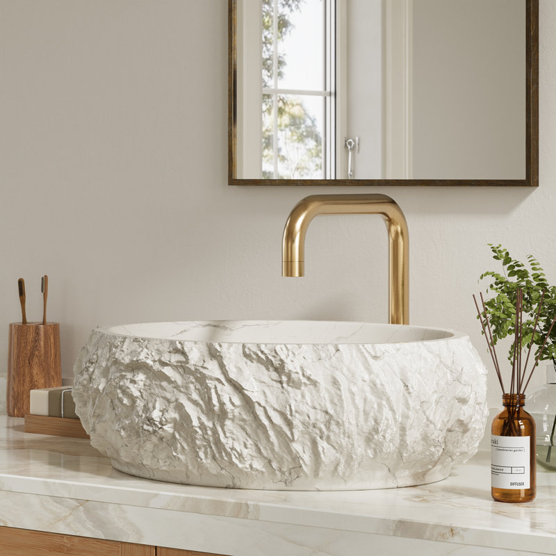 20'' Irregular Oval Bathroom Sink with Stone Texture, Resin Vessel Sink, Easy Assembly, White