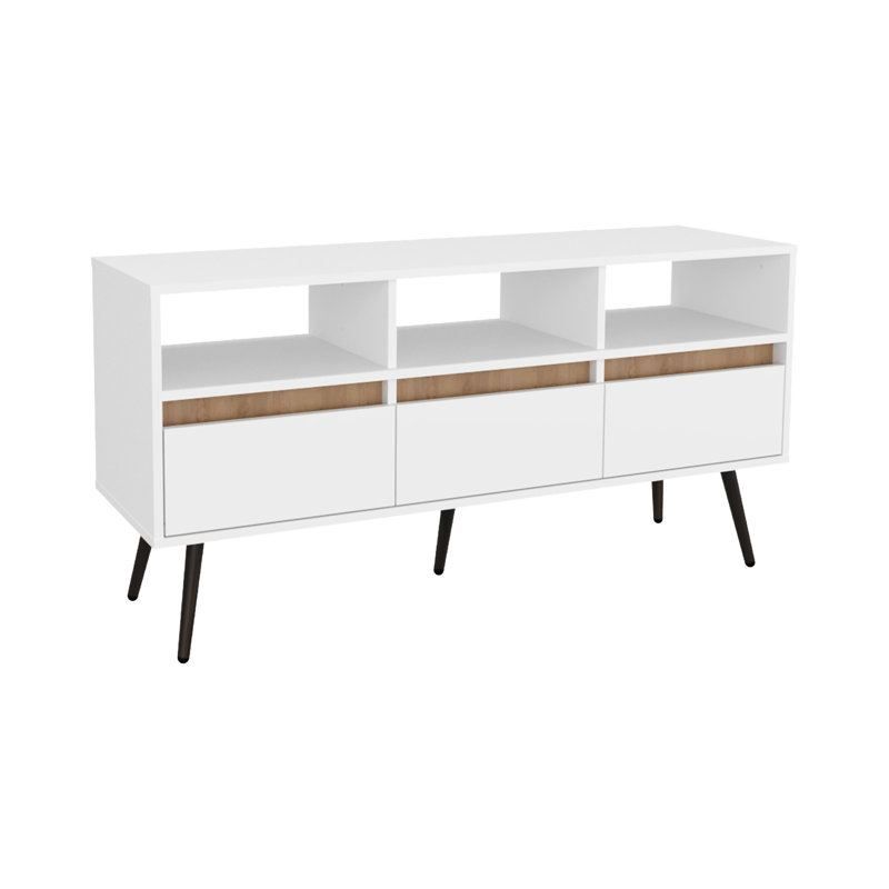 Meuble télé 47 po à usage domestique - trois tiroirs et tablettes ouvertes, divertissement en chêne naturel blanc